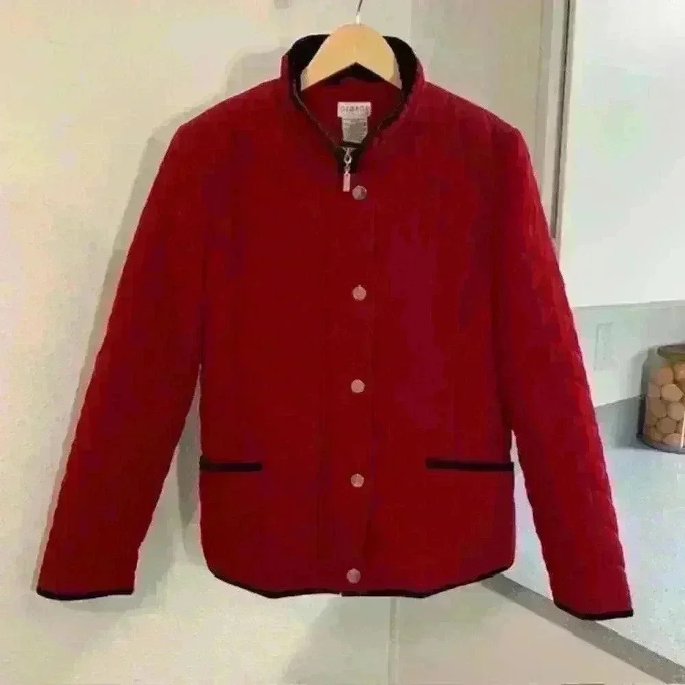 George Medium Quilted Jacket, Red with Black Velvet Trim.